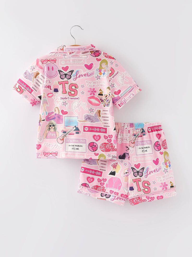 Pink TS Lapel Button Short Sleeve Shorts Pajama Set - 6