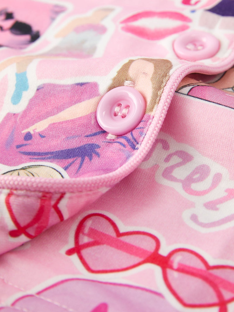 Pink TS Lapel Button Short Sleeve Shorts Pajama Set - 8