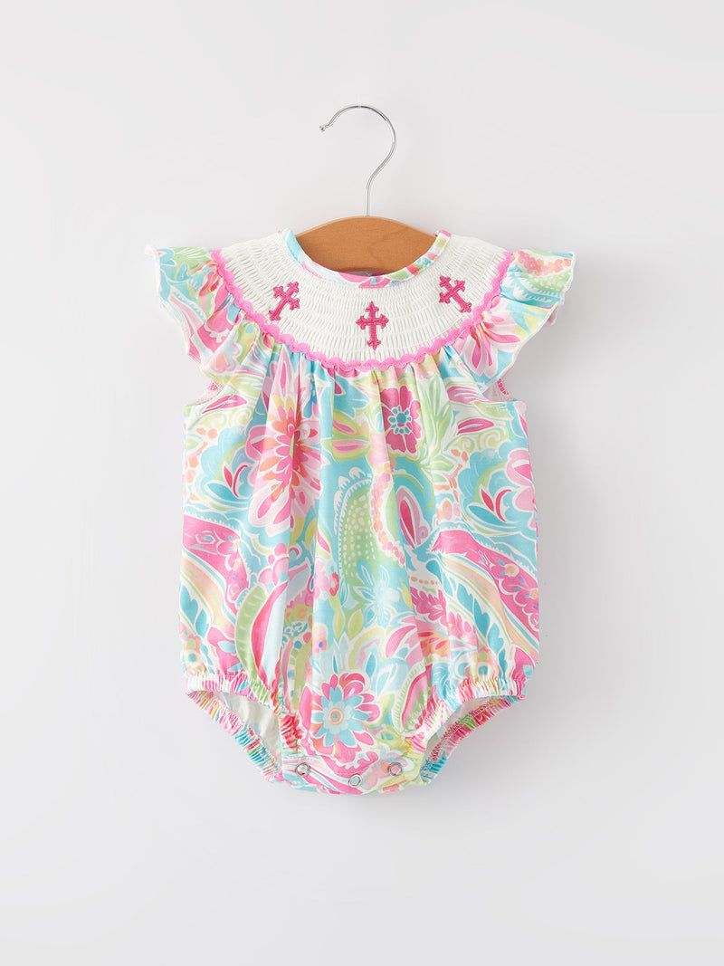 Easter Cross Smocking Embroidery Baby Girl Romper - 5