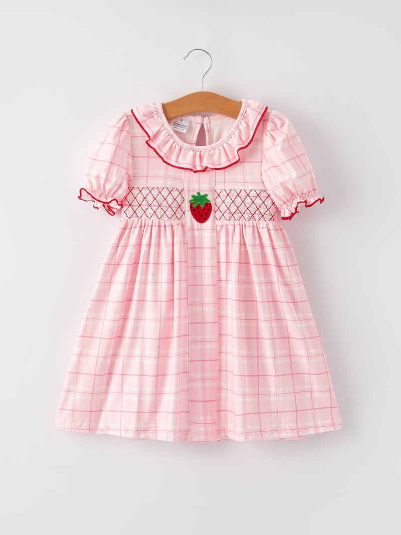 Strawberry Applique Girls Pink Plaid Dress - 1