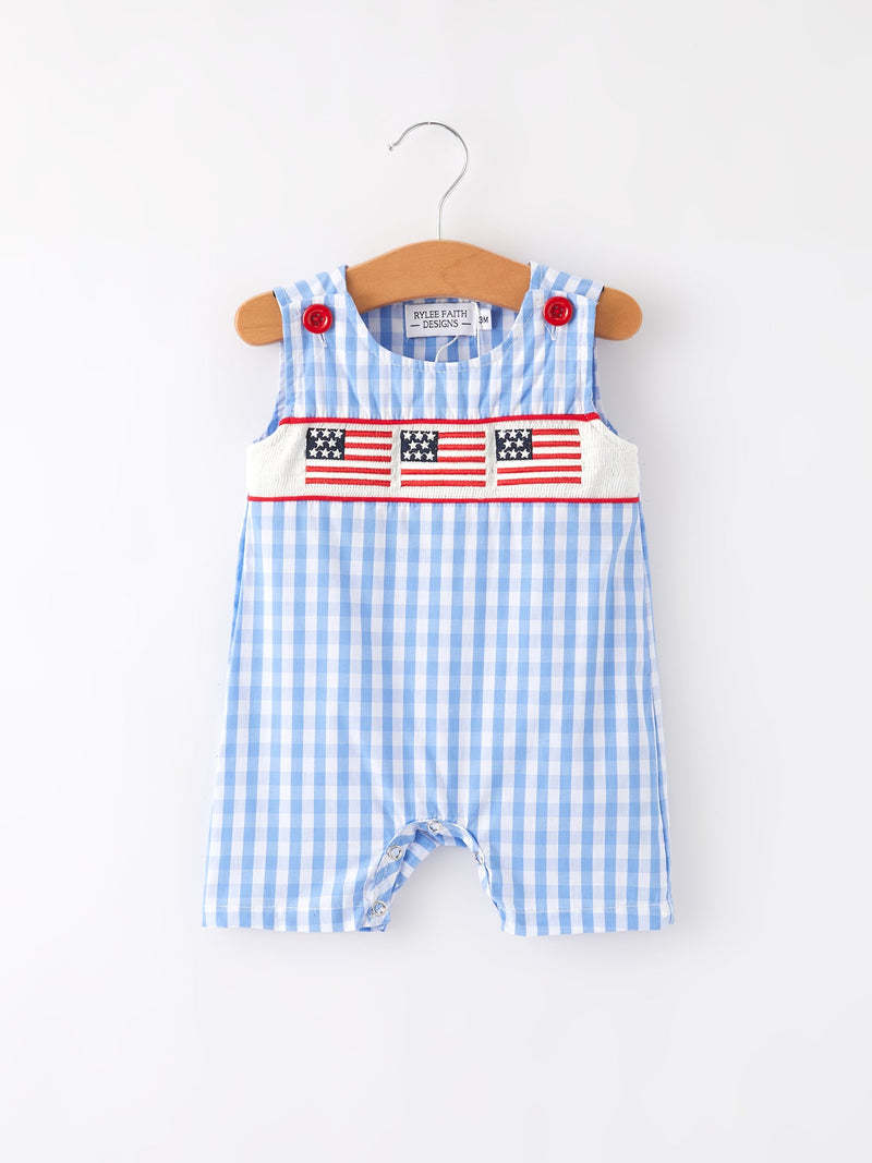4th of July Flag Embroidery Smocked Boys Romper - 8
