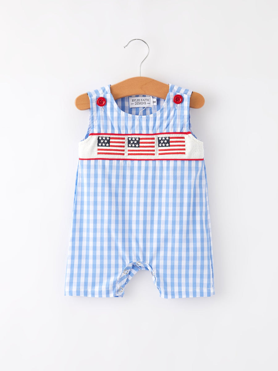 4th of July Flag Embroidery Smocked Boys Romper