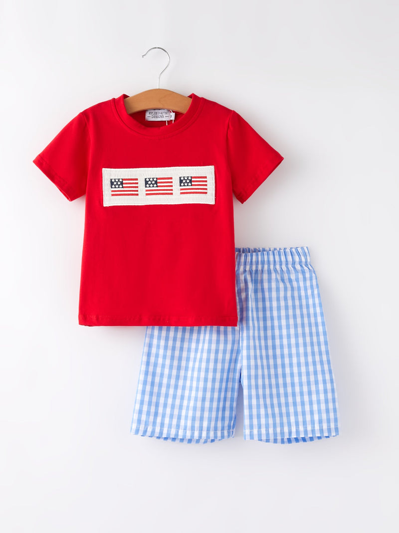 4th of july Flag Embroidery Smocking Boys Set - 8