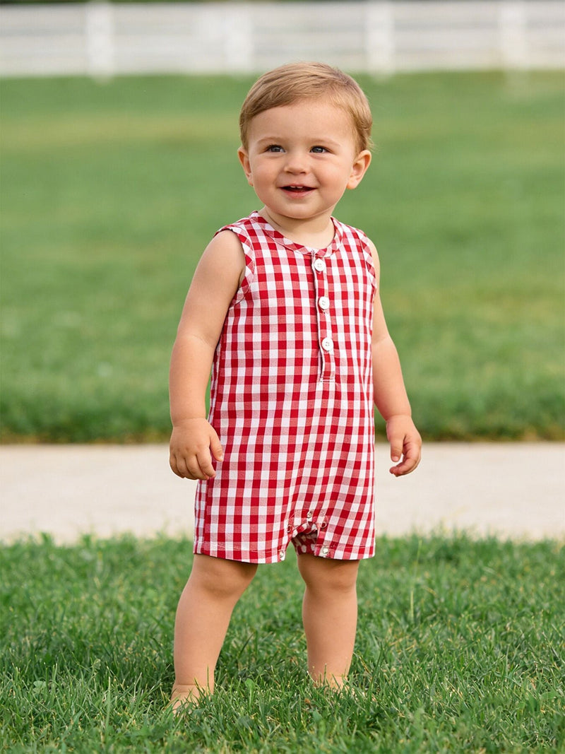 Summer Plaid Smocked Ruffle Boys Romper Sibling Outfits - 1