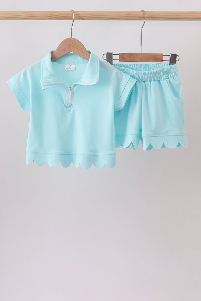 Light blue scalloped zipper shorts set - 1