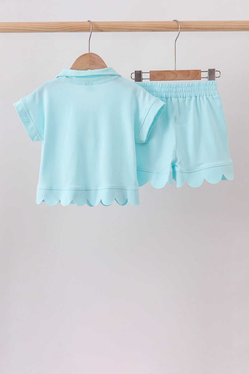 Light blue scalloped zipper shorts set - 6