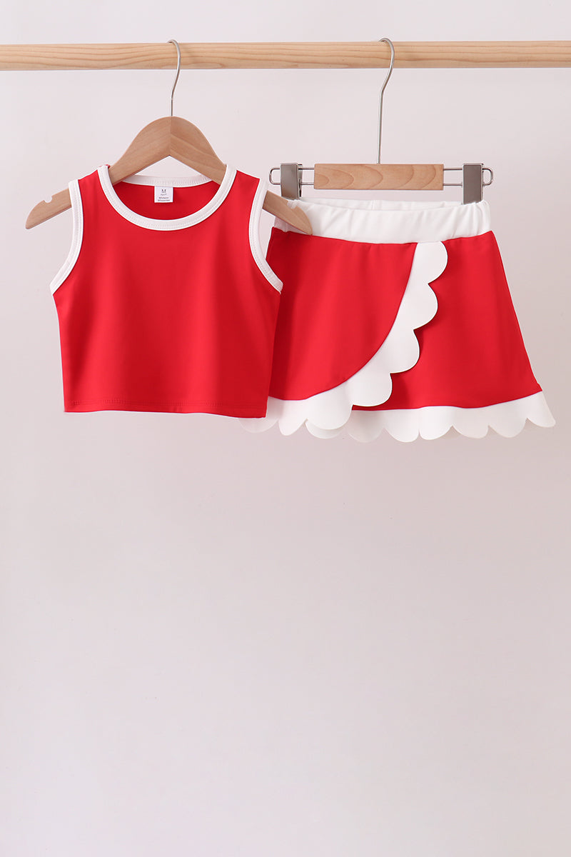 Red Performance Scalloped Skorts Set - 1