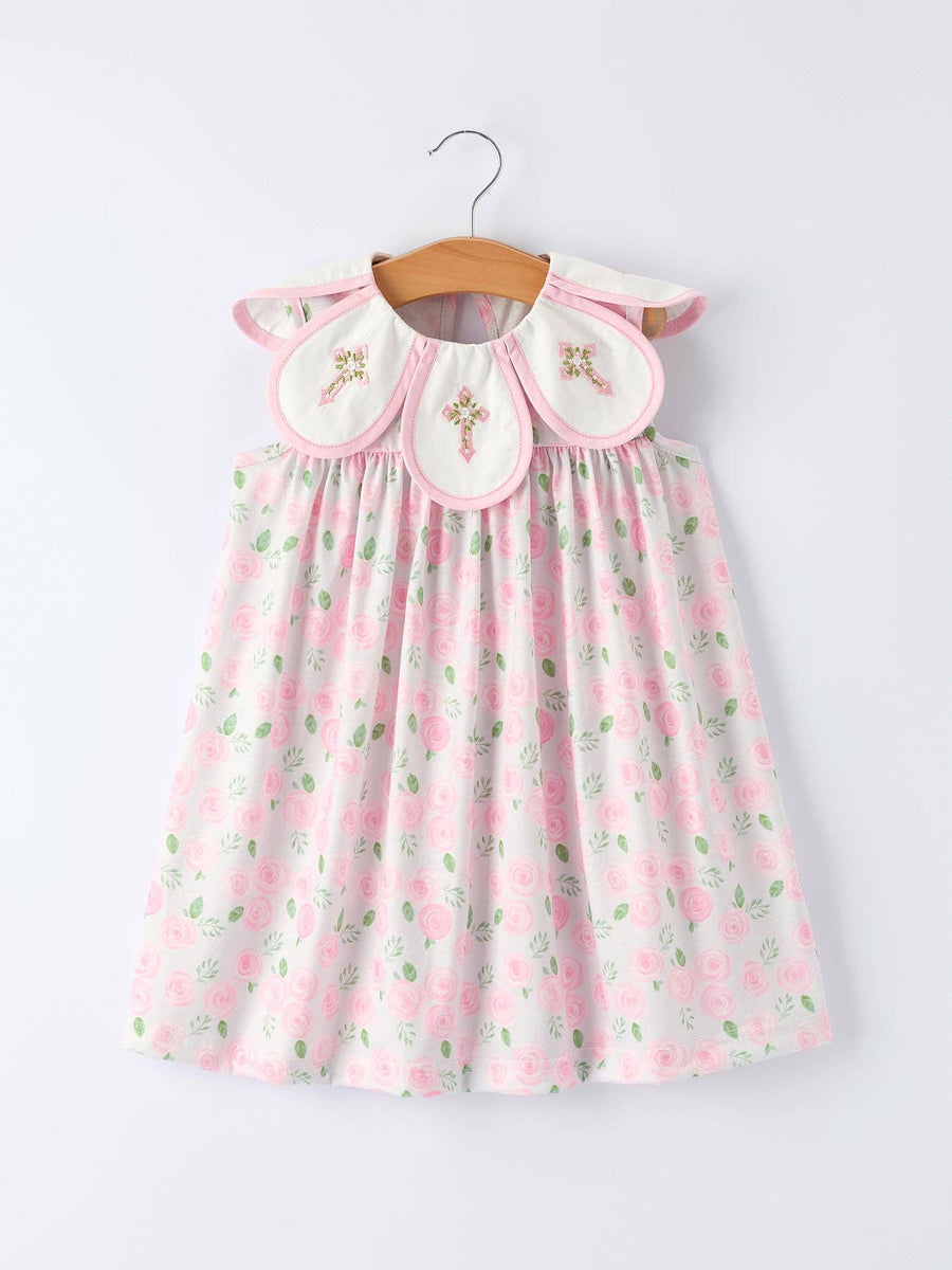 Floral Smocked Cross Peter Pan Collar Dress