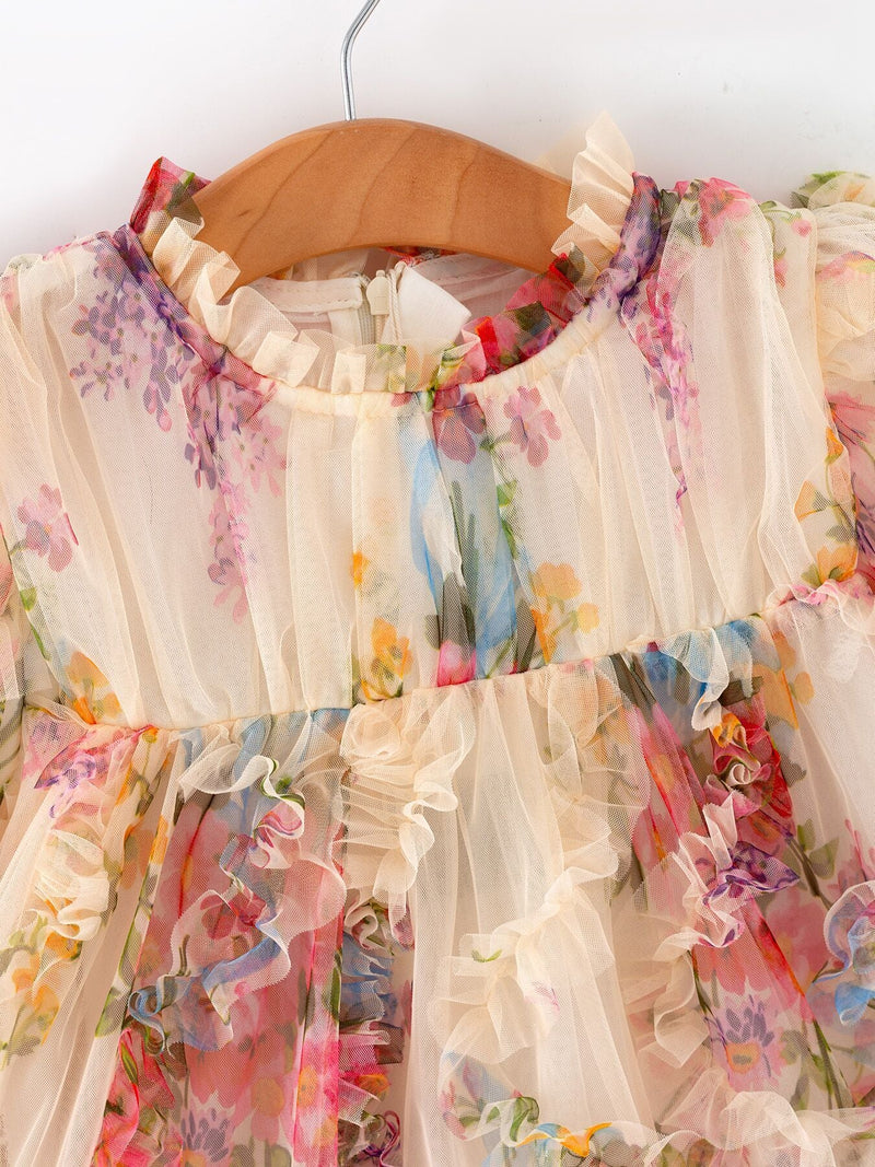 Pastel Flower Ruffle Layered Girls Dress - 3