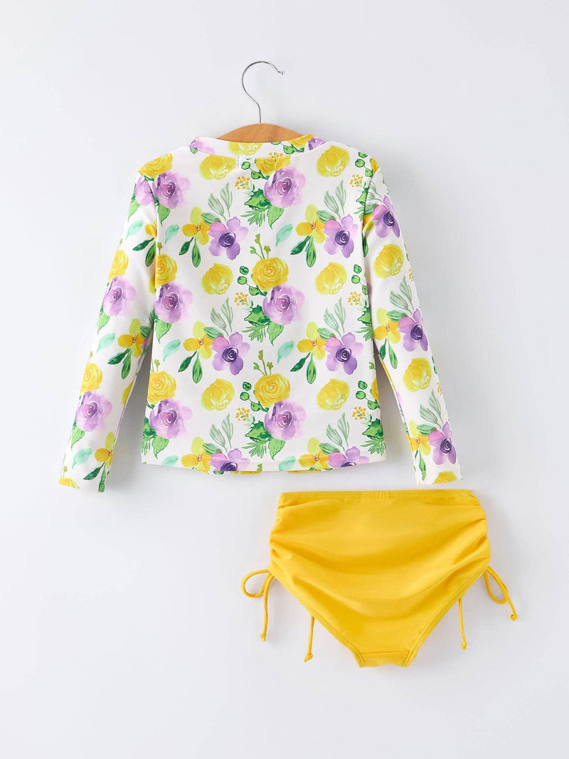 Summer Yellow Floral Print Girls Long Sleeve Swim Set - 2