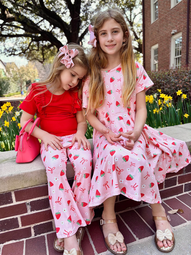 Strawberry Bow Girls Ruffle Top and Bell Bottoms Set - 4
