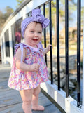 Spring Purple Floral Bow Ruffle Girl Bloomer Set - 4