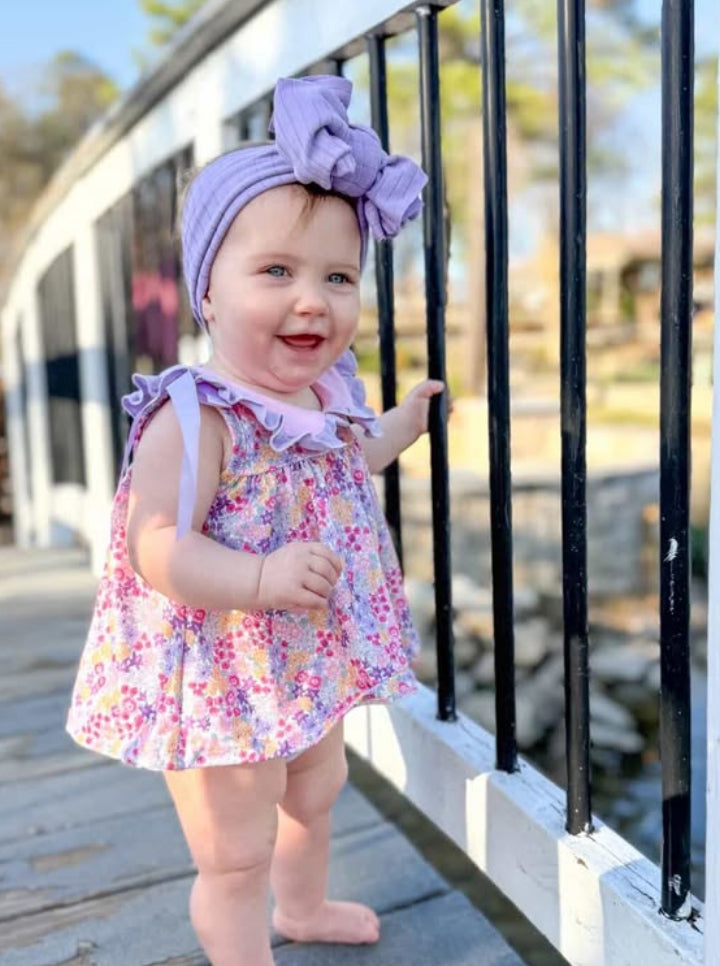 Spring Purple Floral Bow Ruffle Girl Bloomer Set - 4