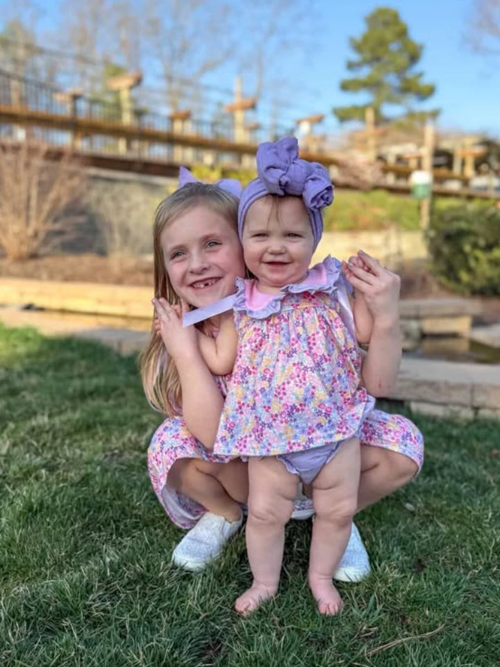 Spring Purple Floral Bow Ruffle Girl Bloomer Set - 5