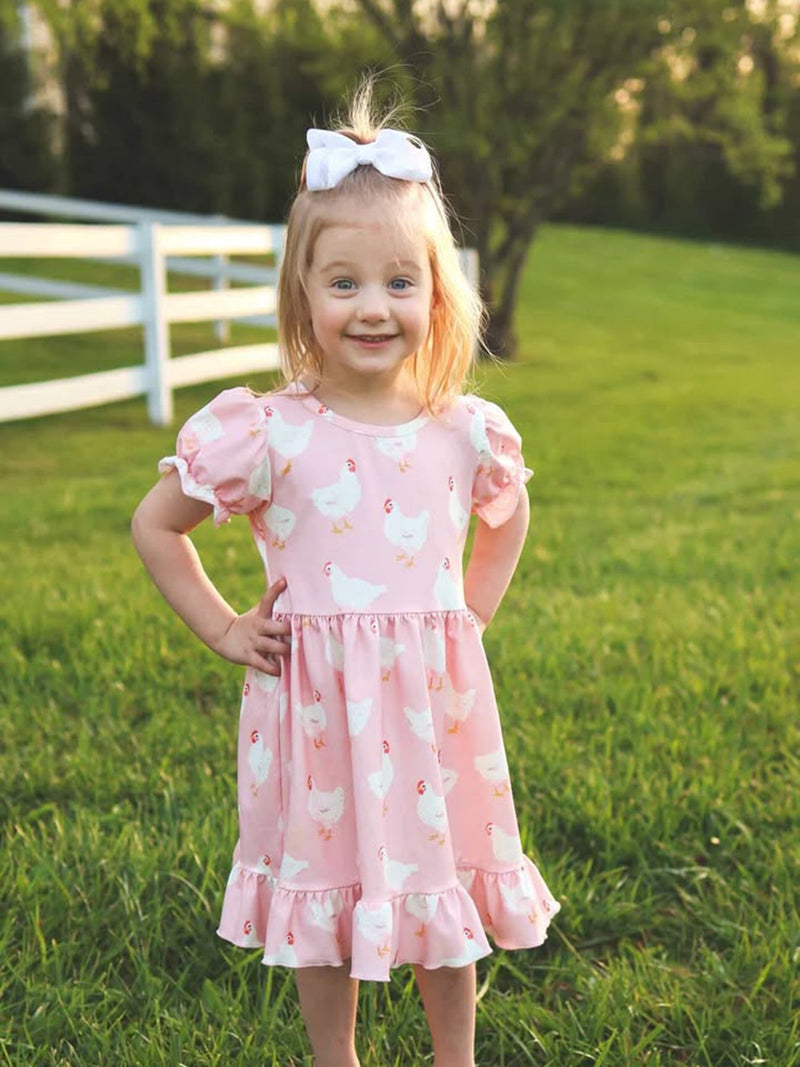 Farm Spring Chicken Print Girls Ruffle Dress - 1