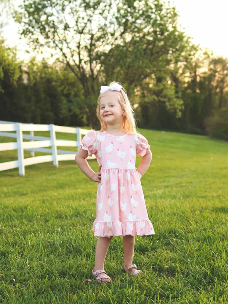 Farm Spring Chicken Print Girls Ruffle Dress - 3