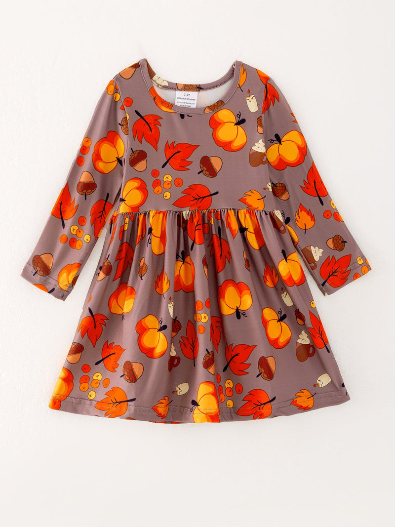 Fall Autumn Leaves Pine Cone Stripe Print Girls Dress - 1