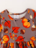 Fall Autumn Leaves Pine Cone Stripe Print Girls Dress - 4
