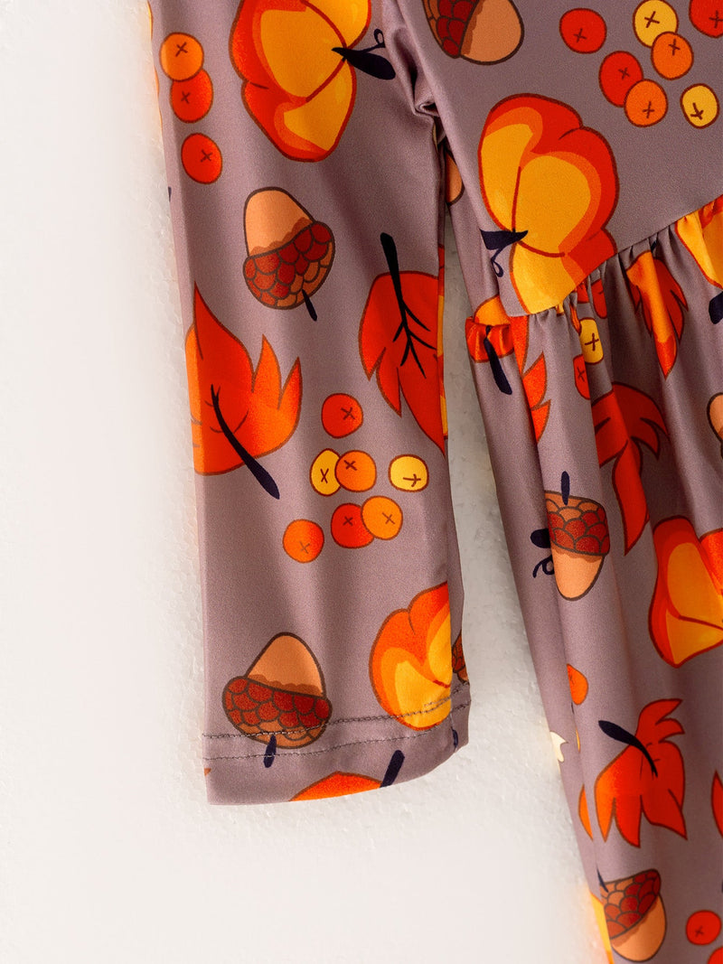 Fall Autumn Leaves Pine Cone Stripe Print Girls Dress - 5