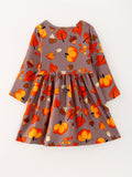 Fall Autumn Leaves Pine Cone Stripe Print Girls Dress - 3