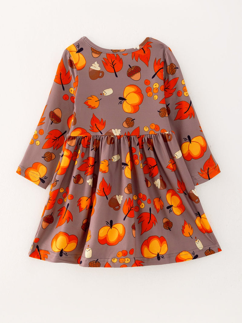 Fall Autumn Leaves Pine Cone Stripe Print Girls Dress - 3