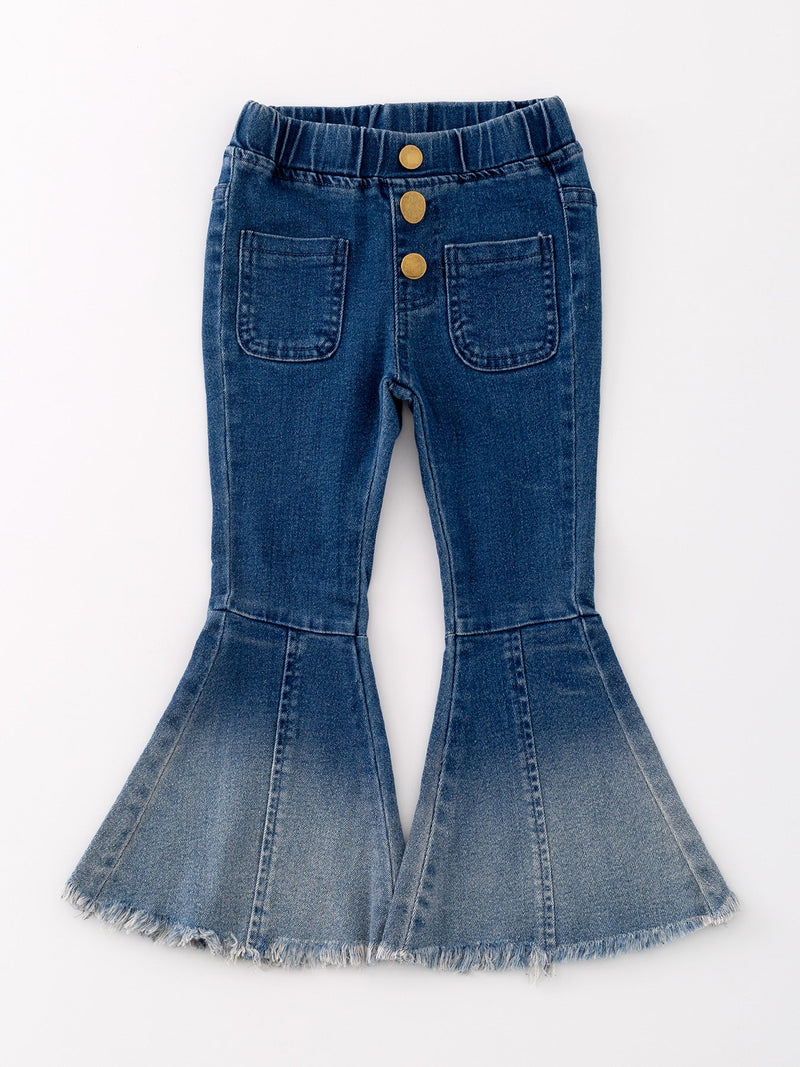 Deep Blue Spray Dyeing Tight Bell-bottoms Denim Jeans Pants - 1