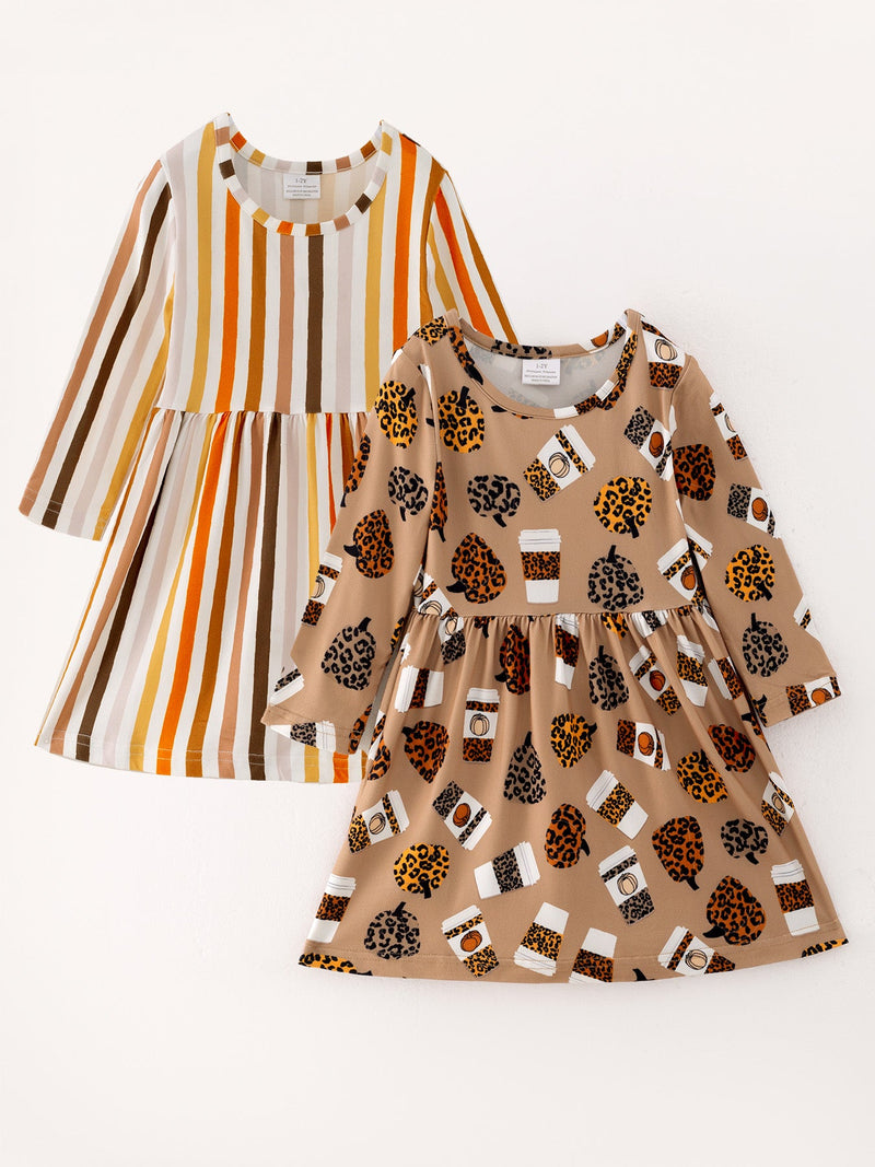 Fall Thanksgiving Day Set Of 2 Pcs In One Package Girls Leopard Print Dress - 1