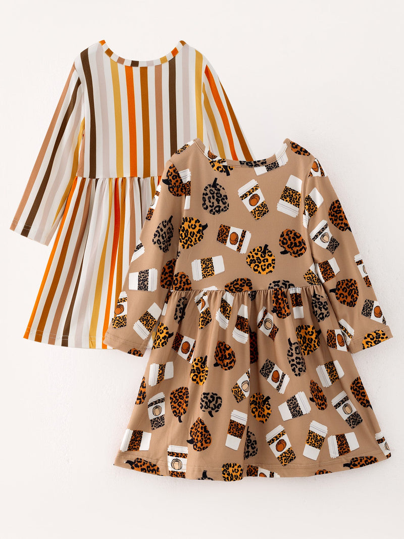 Fall Thanksgiving Day Set Of 2 Pcs In One Package Girls Leopard Print Dress - 2