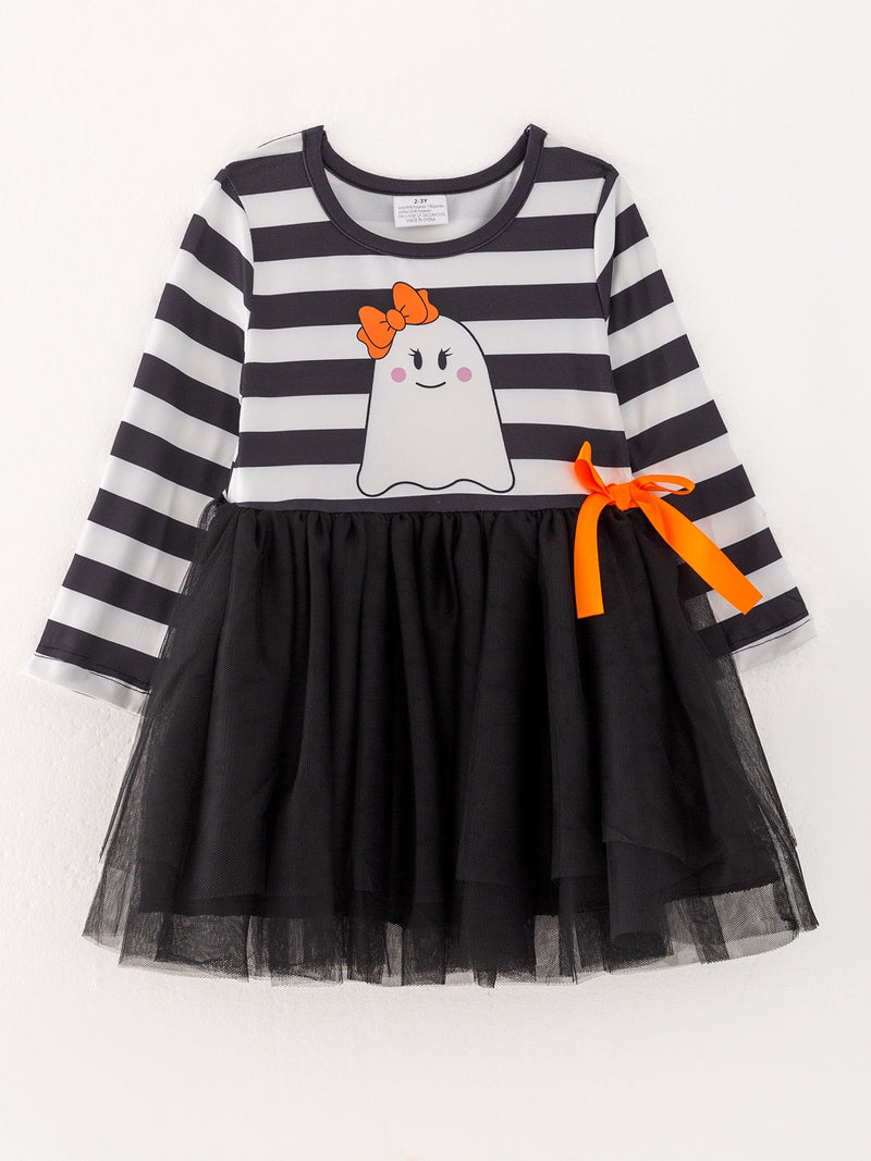Fall Halloween Ghost Baby Girls Tutu Skirt Long Sleeve Stripe Dress - 2