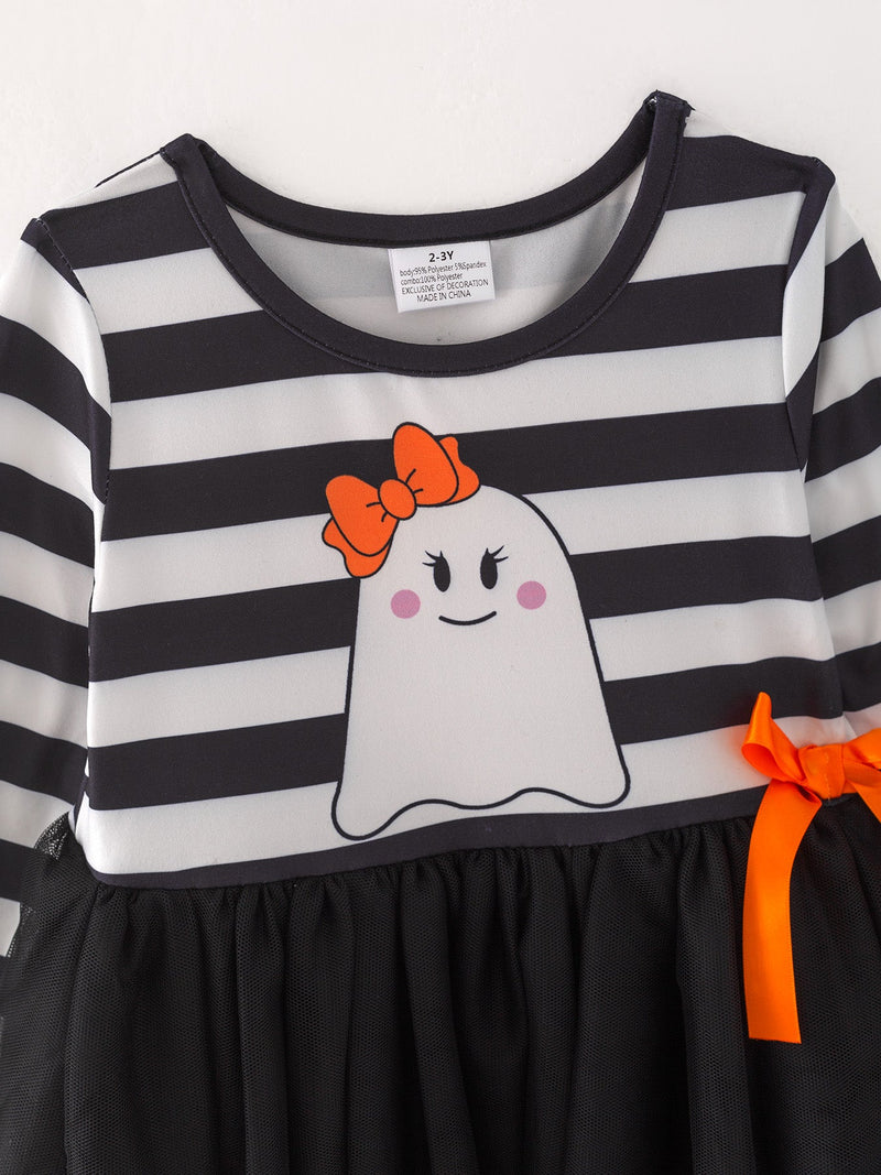 Fall Halloween Ghost Baby Girls Tutu Skirt Long Sleeve Stripe Dress - 4