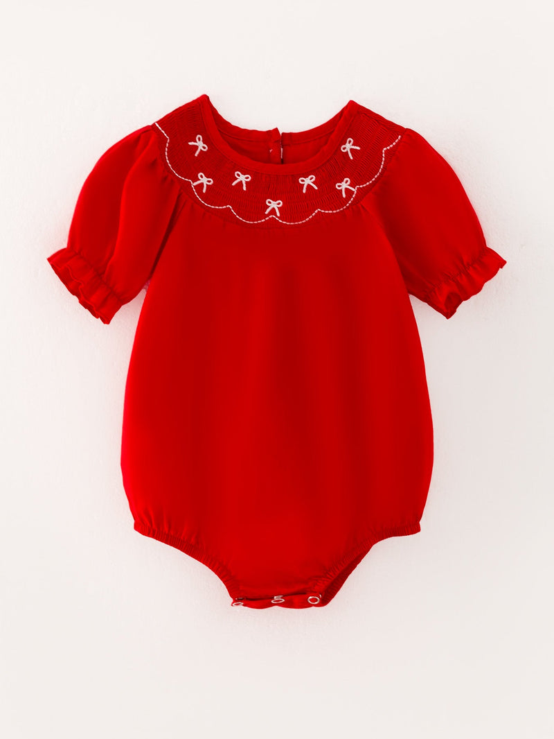 Girls Bow Smocking Embroidered Red Romper - 4