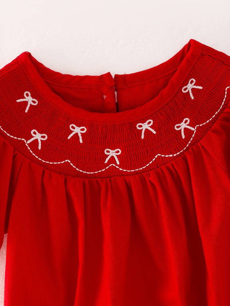 Girls Bow Smocking Embroidered Red Romper - 6