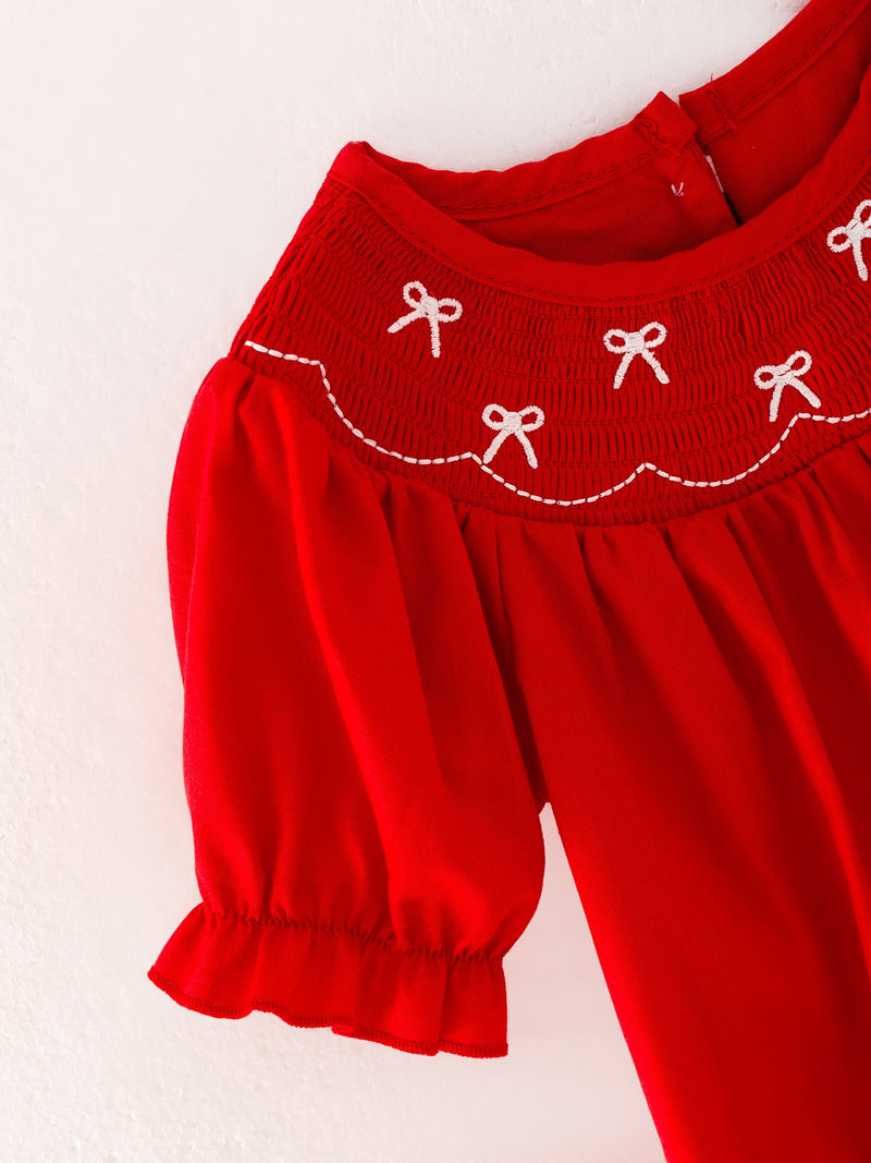 Girls Bow Smocking Embroidered Red Romper - 7