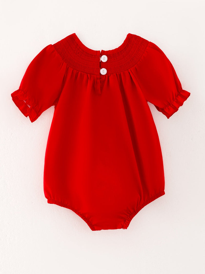 Girls Bow Smocking Embroidered Red Romper - 5