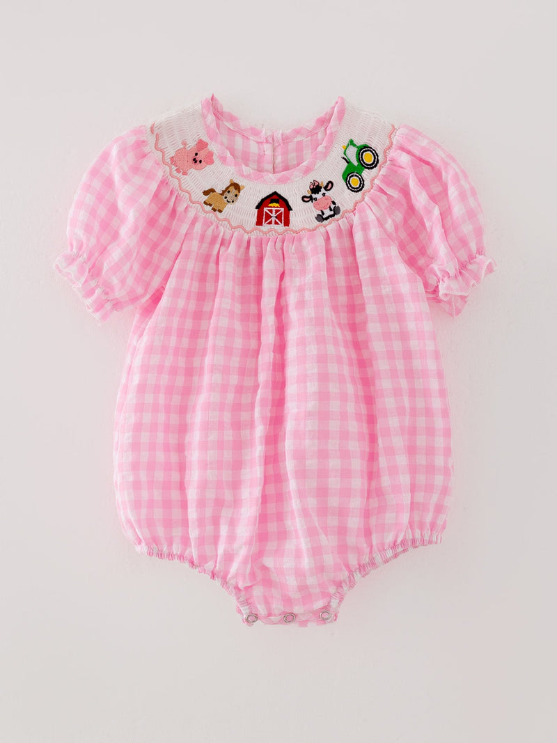 Farm Pink Smocking Embroidered Girls Romper - 4