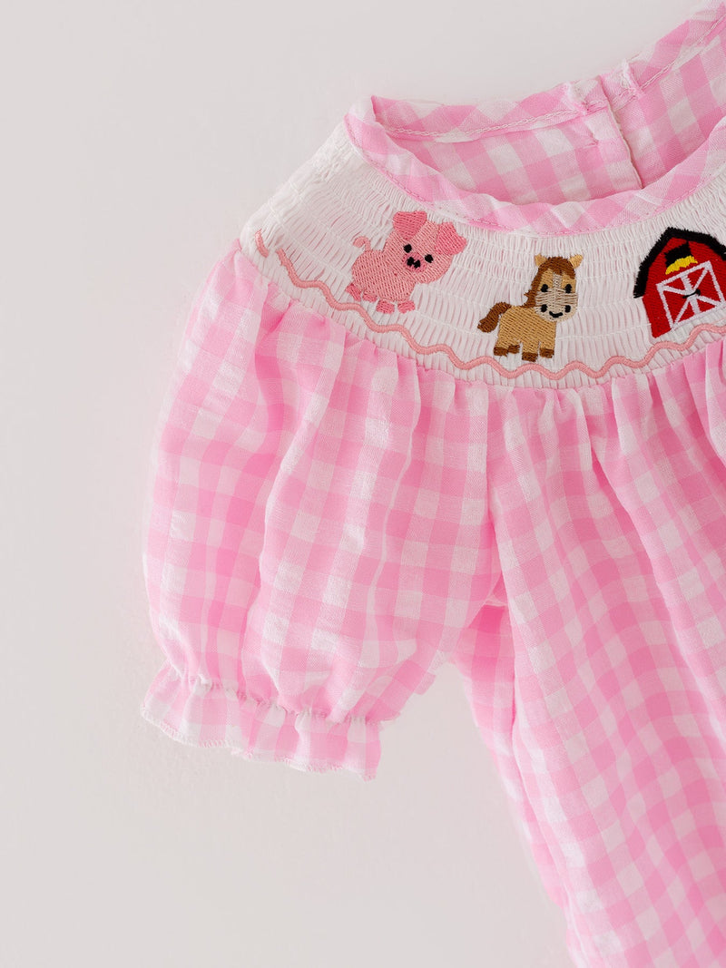 Farm Pink Smocking Embroidered Girls Romper - 7