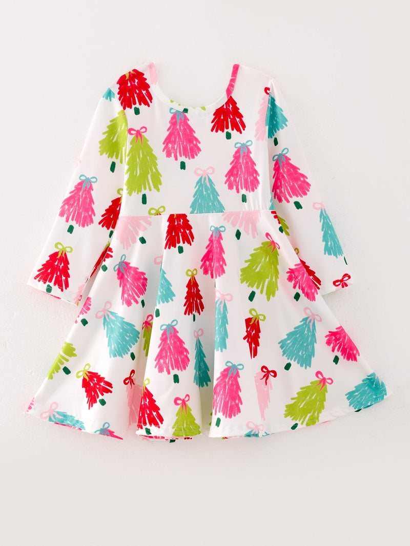 Christmas Tree Print Long Sleeve Dress - 5