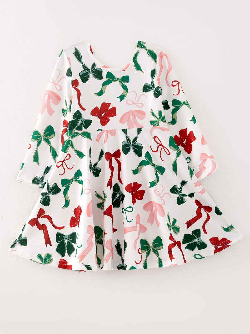 Girls Christmas Bow Print Dress - 1