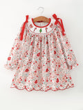 Christmas Red Floral Girls Dress Candy Cane Bow Embroidery Dress - 1