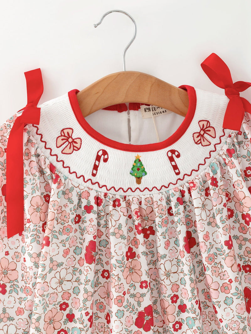 Christmas Red Floral Girls Dress Candy Cane Bow Embroidery Dress - 4