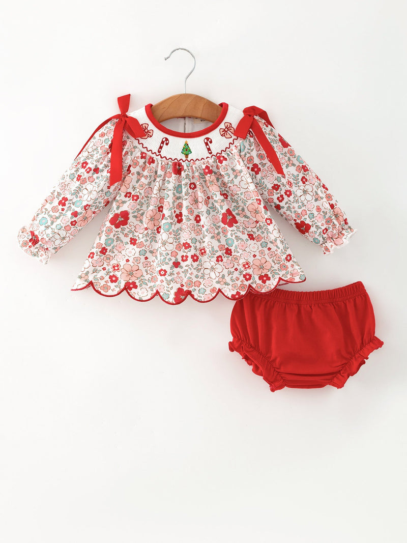 Christmas Red Floral Baby Girl Outfit Set Embroidery Bloomer Set - 1