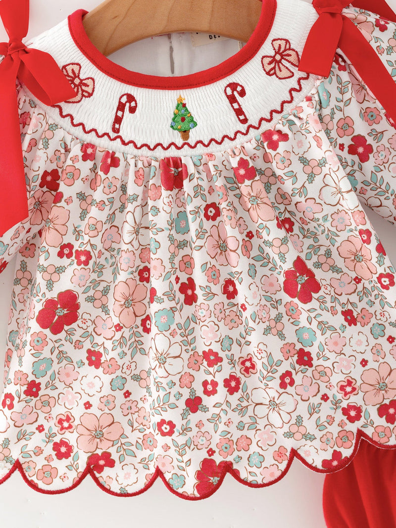 Christmas Red Floral Baby Girl Outfit Set Embroidery Bloomer Set - 2