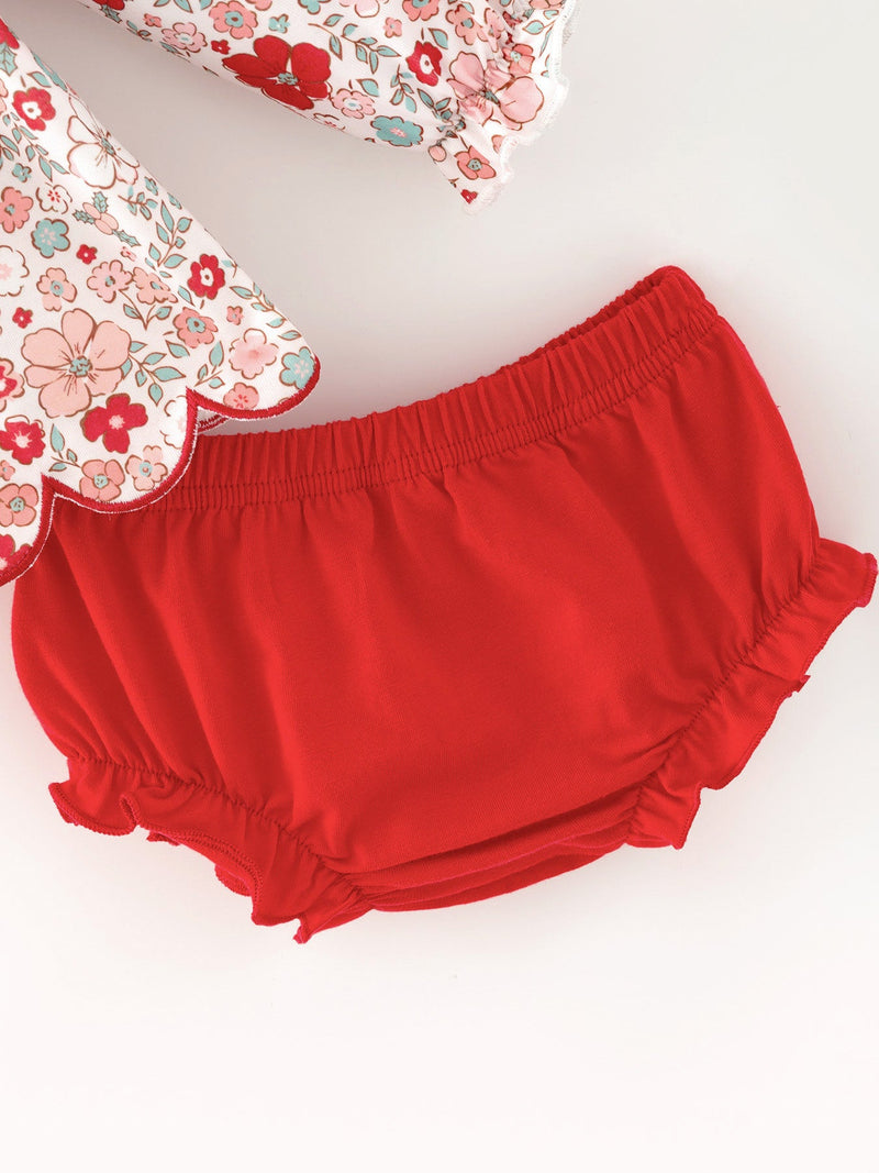 Christmas Red Floral Baby Girl Outfit Set Embroidery Bloomer Set - 3