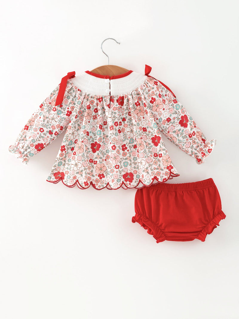 Christmas Red Floral Baby Girl Outfit Set Embroidery Bloomer Set - 5
