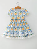 Fall Girls Pumpkin Patch Dress Lace Trim with Pockets - 1