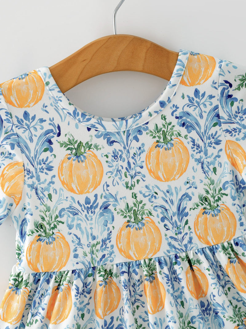 Fall Girls Pumpkin Patch Dress Lace Trim with Pockets - 3