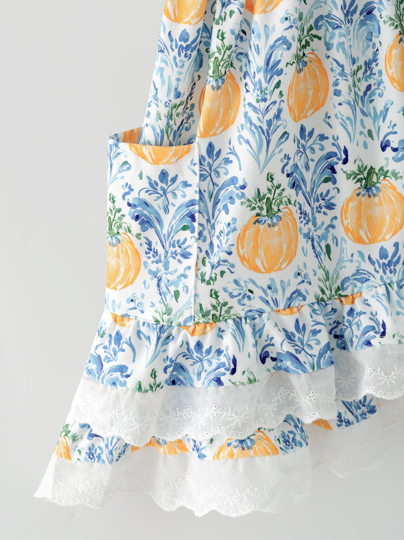 Fall Girls Pumpkin Patch Dress Lace Trim with Pockets - 4
