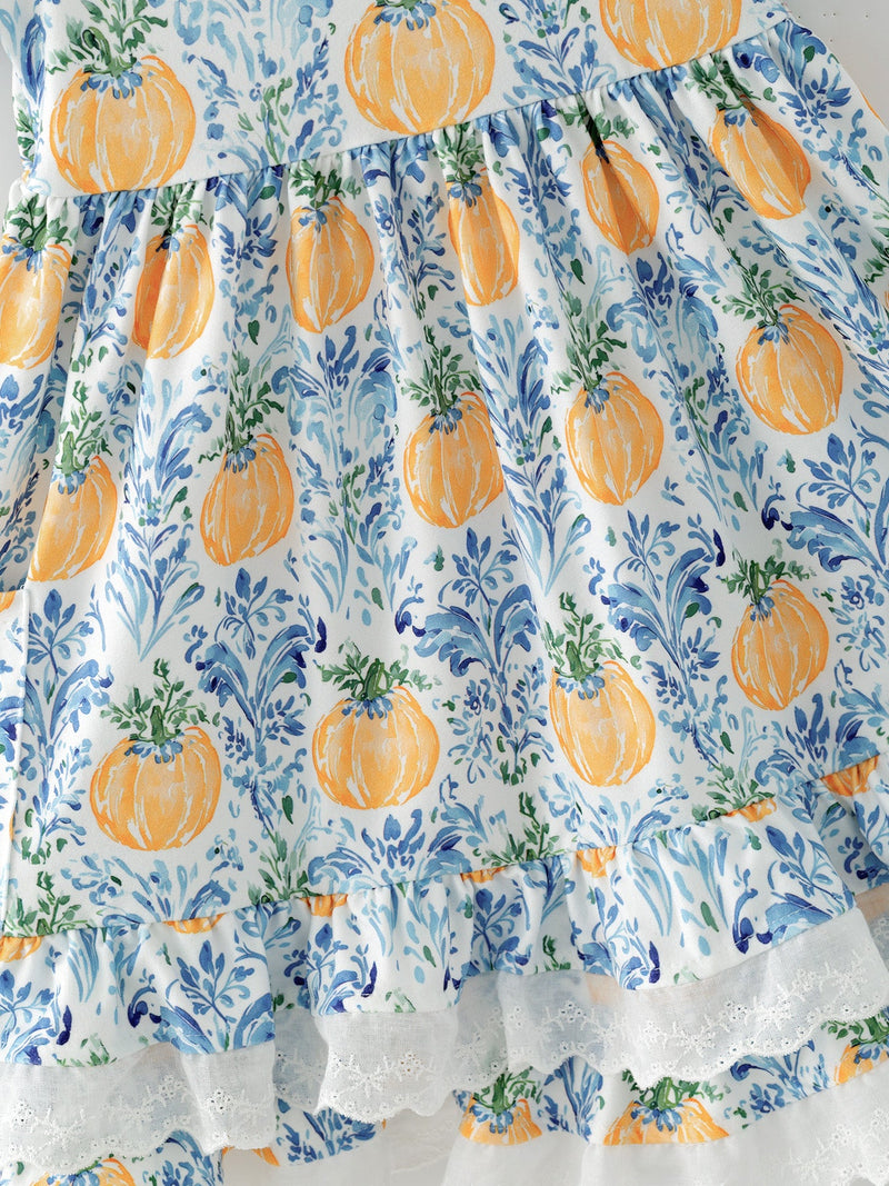 Fall Girls Pumpkin Patch Dress Lace Trim with Pockets - 5