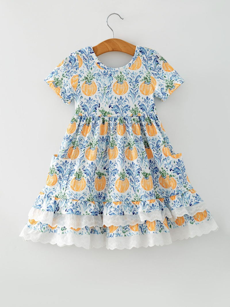 Fall Girls Pumpkin Patch Dress Lace Trim with Pockets - 2