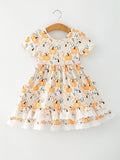 Fall Orange Girls Pumpkin Patch Pockets Dress Lace Trim - 2